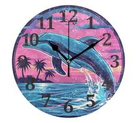 peiyeety Cute Dolphin Sea Island Sunset Wall Clock, Round Silent Non-Ticking Quartz Battery Operated Clocks for Living Room Kitchen Bedroom Bathroom Office