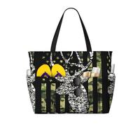 peiyeety Deer Camo Camouflage American Flag Hunting Black Art Large Beach Tote Bag For Women With Zipper & Wet Pocket, Lightweight Foldable Gym Tote For Travel, Grocery, Swim, Sports