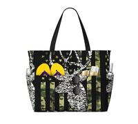 peiyeety Deer Camo Camouflage American Flag Hunting Black Art Large Beach Tote Bag For Women With Zipper & Wet Pocket, Lightweight Foldable Gym Tote For Travel, Grocery, Swim, Sports