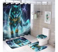peiyeety Elegant 4 Pack Cool Lightnings Cyan Wolf Toilet Carpet Rugs + Contour Mat & Lid Cover Rubber Backing + Anti-Moisture Shower Stall Curtain - Home Bath Room Decoration