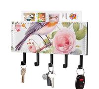 peiyeety Floral Print Watercolor Robin Bird Key Holder Wall Mount, Adhesive Key Rail Rack Hanger Holder Black with 5 Hooks, No Drill, Chain Organizer for Living Room, Front Door, Hallway, Office