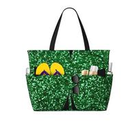 peiyeety Four Leaf Clover Lucky Large Beach Tote Bag For Women With Zipper & Wet Pocket, Lightweight Foldable Gym Tote For Travel, Grocery, Swim, Sports