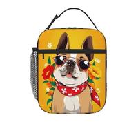 peiyeety French Bulldog Sunglasses Bandana Flowers Lunch Box Reusable Leak-Proof Portable Insulated Picnic Office Hiking Fishing Lunch Bag