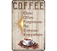 peiyeety Funny Aluminum Tin Sign Coffee Christ Offers Forgiveness For Everyone Everywhere Coffee Cup Inspirational Quote Home Kitchen Bar Cafe Club Cave Wall Decor 12x8 inch