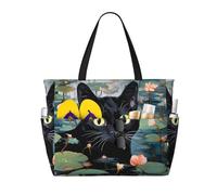peiyeety Funny Black Cat Water Lillies Large Beach Tote Bag For Women With Zipper & Wet Pocket, Lightweight Foldable Gym Tote For Travel, Grocery, Swim, Sports