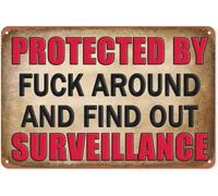 peiyeety Funny Tin Sign Man Cave Decor Protected ByAround And FindSurveillance Tin Signs Funny Surveillance Sign Man Cave Accessories Gift For Women Men 8x12 Inch