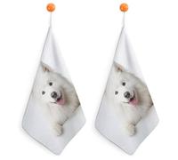 peiyeety Happy Samoyed Dog Peeking Small Hand Towel with Hanging Loop 2 PCS Absorbent Soft Wash Cloth for Kitchen Bathroom