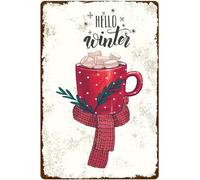 peiyeety Hello Winter A Cup Hot Chocolate With Candy Knitting Scarf Tin Sign Retro Indoor Wall Decoration Painting Sign For Home Kitchen Bathroom Coffee Wall Decor Metal Tin Sign 8"x12"