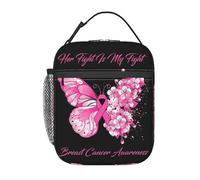 peiyeety Her Fight Breast Cancer Awareness Pink Ribbon Butterfly Portable Lunch Bag Reusable Zipper Closure Leakproof Lunch Box for Work Office Picnic