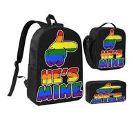 peiyeety He's Mine Gay LGBT Pride Rainbow 17 Inch Backpack Sets Lunch Bag Lightweight Daypack for Men Women 3Pcs