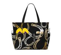 peiyeety Horseshoes Pattern Large Beach Tote Bag For Women With Zipper & Wet Pocket, Lightweight Foldable Gym Tote For Travel, Grocery, Swim, Sports
