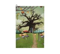 peiyeety Illustration InspiredMushrooms and Tree in A Country Meadow Microfiber Golf Towel with Carabiner Clip, 16x24 Inch Absorbent Waffle Weave Towel for Golf Bags