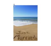 peiyeety Just Married Written On Golden Sandy Beach Landscape Microfiber Golf Towel with Carabiner Clip, 16x24 Inch Absorbent Waffle Weave Towel for Golf Bags