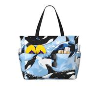 peiyeety Killer Whale Orca Pattern Large Beach Tote Bag For Women With Zipper & Wet Pocket, Lightweight Foldable Gym Tote For Travel, Grocery, Swim, Sports