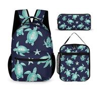 peiyeety Laptop Bookbag Set with Lunch Bag & Makeup Bag Travel Daypack Backpack Set with Lunch Box Storage Bags (Sea Turtle (12))
