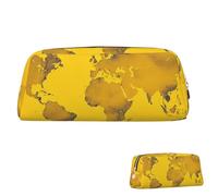 peiyeety Leather Pencil Case Large Capacity Pencil Pouch Aesthetic Pen Pouch Organizer with Zipper Portable Big Yellow World map Pen Bag for Women Men