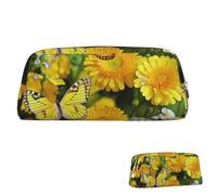 peiyeety Leather Pencil Case Large Capacity Pencil Pouch Aesthetic Pen Pouch Organizer with Zipper Portable Big Yellow Butterfly and Yellow Daisies Pen Bag for Women Men