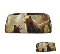 peiyeety Leather Pencil Case Large Capacity Pencil Pouch Aesthetic Pen Pouch Organizer with Zipper Portable Big Cute Bears Play in The Tree Pen Bag for Women Men