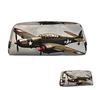 peiyeety Leather Pencil Case Large Capacity Pencil Pouch Aesthetic Pen Pouch Organizer with Zipper Portable Big World War 2 Aircraft Airplane Pen Bag for Women Men