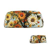 peiyeety Leather Pencil Case Large Capacity Pencil Pouch Aesthetic Pen Pouch Organizer with Zipper Portable Big Daisies Butterflies Ladybugs Insect Pen Bag for Women Men
