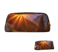 peiyeety Leather Pencil Case Large Capacity Pencil Pouch Aesthetic Pen Pouch Organizer with Zipper Portable Big Rocky Mountain Sunset Sunshine Pen Bag for Women Men