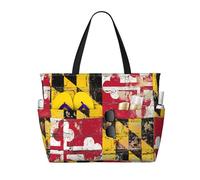 peiyeety Maryland State Flag On Brick Wall Large Beach Tote Bag For Women With Zipper & Wet Pocket, Lightweight Foldable Gym Tote For Travel, Grocery, Swim, Sports