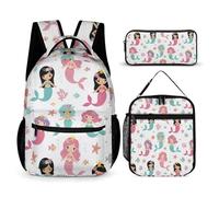 peiyeety Mermaid Bookbag Set Backpack with Lunch Box and Cosmetic Bag Backpack with Lunch Box & Makeup Bag