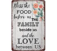 peiyeety Metal Tin Sign Decor Bless The Food Before Us Family Behind Me and Love Between Us Sign for Home Living Room Bedroom Decor Gift Bar Coffee Shop Kitchen Wall Decor 12x8 inch
