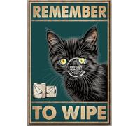peiyeety Metal Tin Sign Remember To Wipe Black Cat Marker Waterproof Rustproof Decorative Sign Ideal For Bathroom Home Wall Art Featuring A Black Cat And A Playful Reminder Quote 12×16 INCH