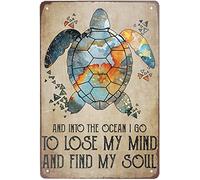 peiyeety Metal Tin Sign Turtle Themed Wall Decor Into The Ocean Quote Distressed Rustic Plaque For Home Living Room Bedroom Office Patio Garage Bar She Shed, 8×12 INCH