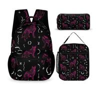 peiyeety Mystical Goth Fire Dark Purple Galaxy Foxes Moon Black Bookbag Set Backpack with Lunch Box and Cosmetic Bag Backpack with Lunch Box & Makeup Bag