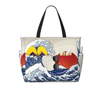 peiyeety Ocean Wave Ancient Great Japan Wave And Red Sun Sunrise Scenery Large Beach Tote Bag For Women With Zipper & Wet Pocket, Lightweight Foldable Gym Tote For Travel, Grocery, Swim, Sports