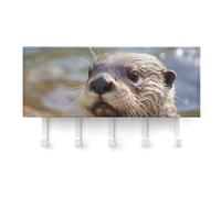 peiyeety Otter Playing in The Water Key Holder Wall Mount, Adhesive Key Rail Rack Hanger Holder White with 5 Hooks, No Drill, Chain Organizer for Living Room, Front Door, Hallway, Office