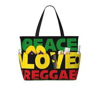 peiyeety Peace Love Reggae Large Beach Tote Bag For Women With Zipper & Wet Pocket, Lightweight Foldable Gym Tote For Travel, Grocery, Swim, Sports