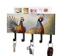 peiyeety Pheasants Animals Key Holder Wall Mount, Adhesive Key Rail Rack Hanger Holder Black with 5 Hooks, No Drill, Chain Organizer for Living Room, Front Door, Hallway, Office