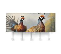 peiyeety Pheasants Animals Key Holder Wall Mount, Adhesive Key Rail Rack Hanger Holder White with 5 Hooks, No Drill, Chain Organizer for Living Room, Front Door, Hallway, Office