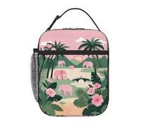 peiyeety Pink Elephants Tropical Pattern Lunch Box Reusable Leak-Proof Portable Insulated Picnic Office Hiking Fishing Lunch Bag