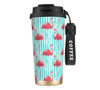 peiyeety Pink Flamingo Blue White Stripes 316 Insulated Mug 17oz Stainless Steel Coffee Tumbler Spill Proof Lid for Hot Cold Drinks