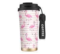 peiyeety Pink Flamingo Pink White Stripes 316 Insulated Mug 17oz Stainless Steel Coffee Tumbler Spill Proof Lid for Hot Cold Drinks