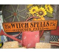 peiyeety Primitive Lg Holiday en Hand Painted Halloween Salem Witch Sign - Witch Spells 25 cts Curses Extra Country Rustic en Signs with Sayings 4x16 inch