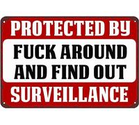 peiyeety Protected ByAround And FindSurveillance Sign Post Funny No Trespassing Tin Sign Funny Home DéCor Man Cave DéCor Gift For Women Men 8x12 Inch