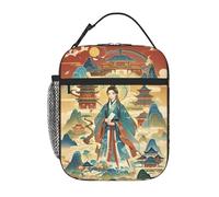 peiyeety Retro Chinese Art Female Architecture Lunch Box Reusable Leak-Proof Portable Insulated Picnic Office Hiking Fishing Lunch Bag