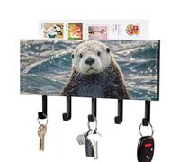 peiyeety Sea Otter Key Holder for Wall Adhesive Hanger with 5 Hooks Wall Mounted PU Leather Key Storage Organizer Towel Hook for Entryway Hallway Living Room Office