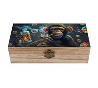 peiyeety Smoke Bubble Monkey Vintage Wooden Storage Box with Hinged Lid Rustic Natural Wood Keepsake Box for Jewelry, Trinkets, And Photos Decorative Small Chest Organizer (7.9" X 3.9" X 2.3")
