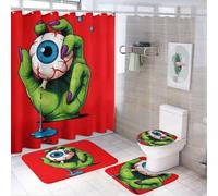 peiyeety Soft and Cozy 4 Pack Anti-Moisture Spa Curtain + Abstract Zombie Eyeball Green Hand Red Art Plush Carpet Mats + U-Shaped Bath Mats & Lid Cover Rubber Backing