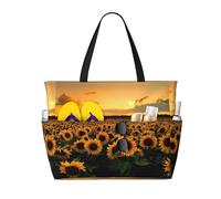 peiyeety Sunflower Sunset Large Beach Tote Bag For Women With Zipper & Wet Pocket, Lightweight Foldable Gym Tote For Travel, Grocery, Swim, Sports