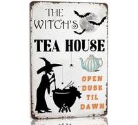 peiyeety The Witch's Tea House Open Dusk Til Dawn Metal Tin Sign Vintage Halloween Witch Wall Decor Sign for Coffee Shop Front Door Home Bar Signs 8x12 Inch