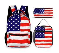peiyeety Travel Bookbag Set with Lunch Bag and Storage Bag Red Blue White American Flag (12) Backpack Book Bags with Lunch Box Cosmetic Bags
