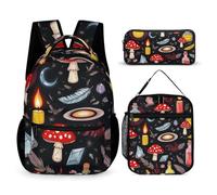 peiyeety Travel Bookbag Set with Lunch Bags and Makeup Bag Witch Witchy Goth Magic Mushrooms (1) Backpack with Lunch Box & Storage Bag Set