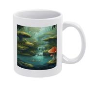 peiyeety View ofRiver with Pond and Fishes Mushroom in Jungle Trees White Ceramic Mug Thick Base Coffee Cup Gift for Home and Office Use, 3.8in X 3.2in